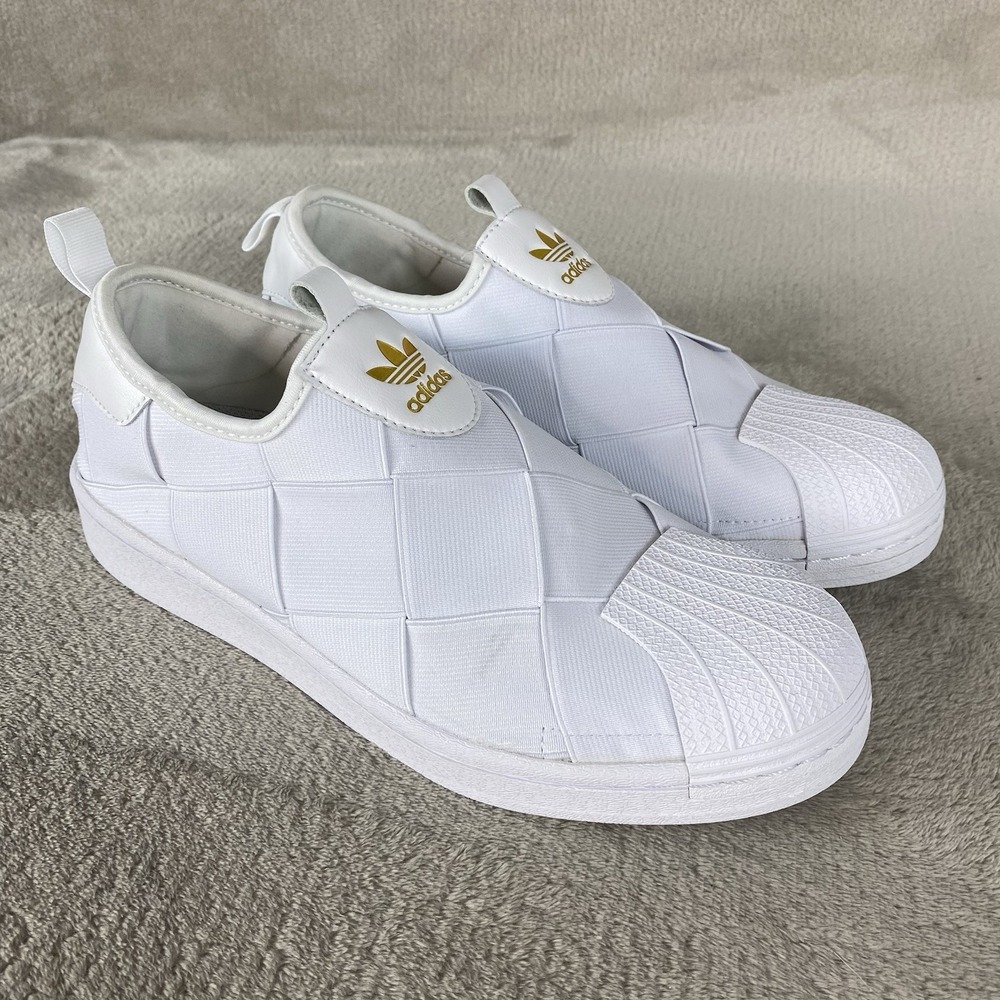 adidas Superstar Slip On Womens Shoes Size 9.5 White Gold Casual Court Sneakers